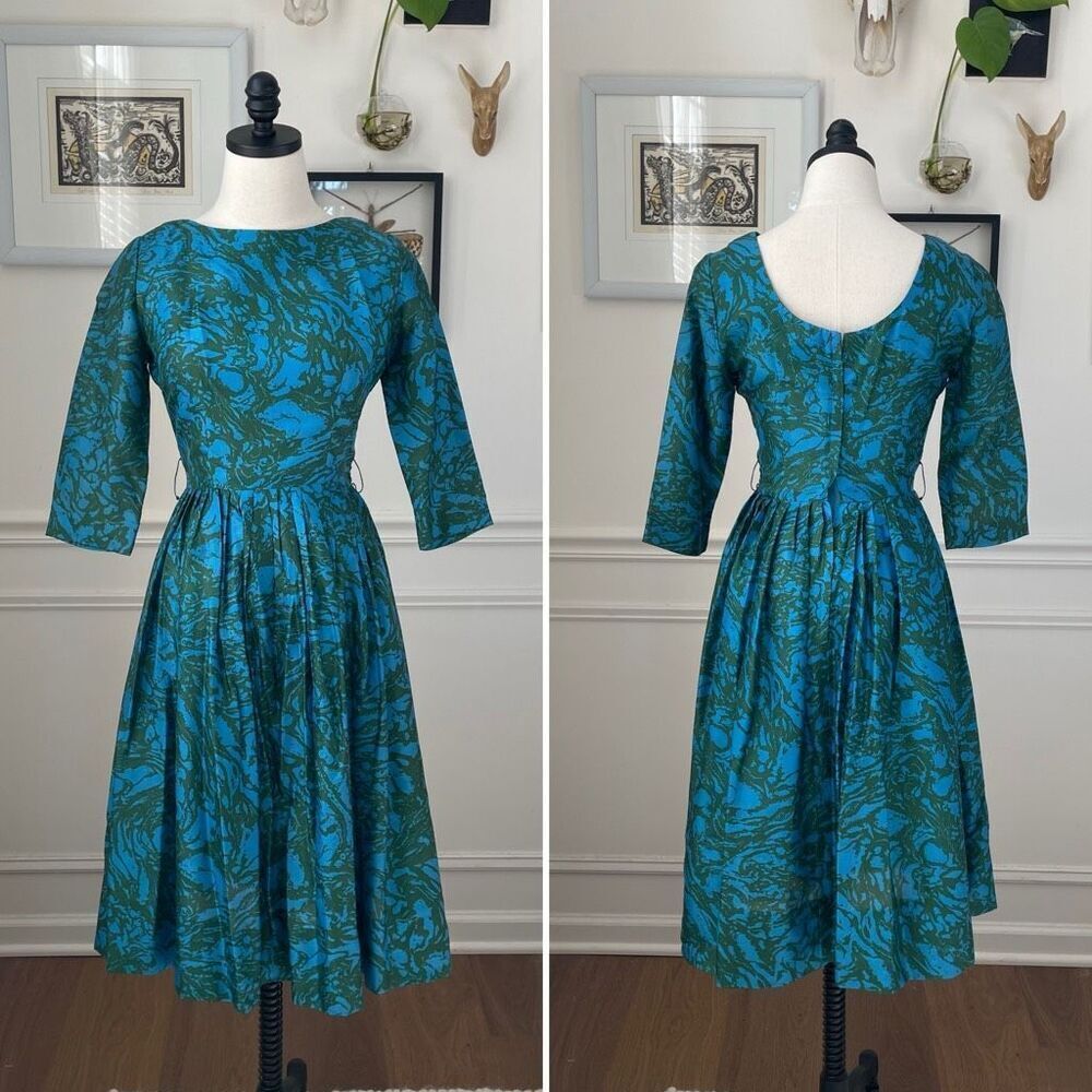 Vintage 50s 60s Turquoise Green 3/4 Sleeve Fit and Flare Dress 4 S